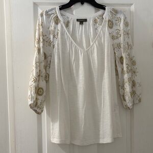 Style & Co. White Blouse with Gold Floral Sleeves
